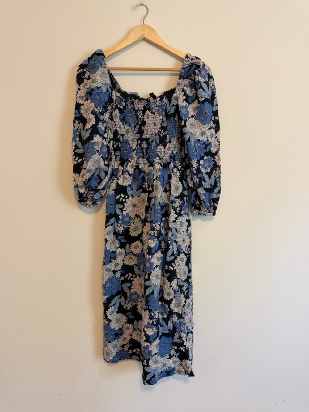 J.Crew Smocked Floral Midi Dress in Blue and Black